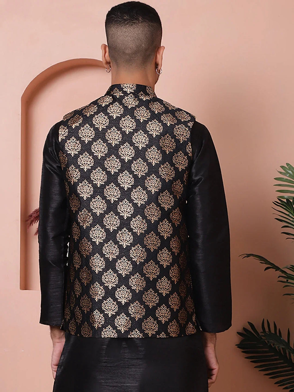 Floral Printed Nehru Jacket for Men-JOWC-4032Black