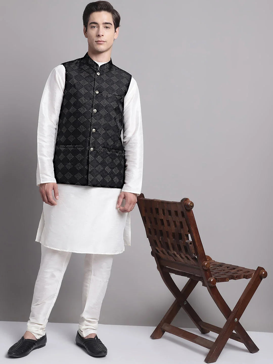 Men's Black Woven Design Nehru Jacket