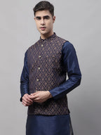 Men Navy Blue and Brown Woven Design Waistcoats-JOWC-4072