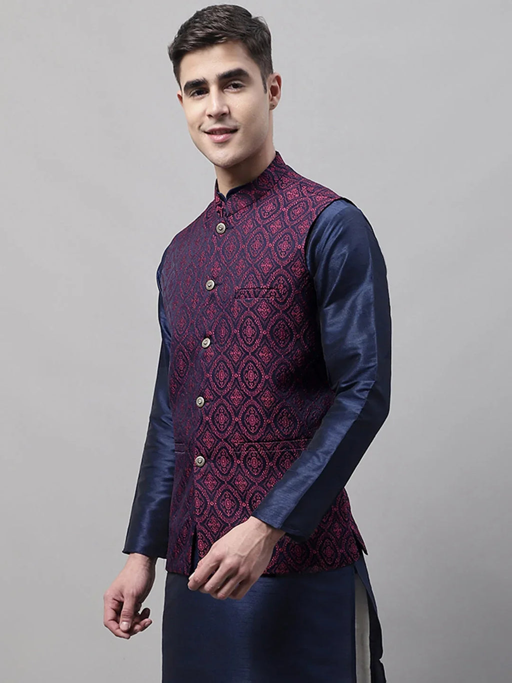 Men Navy Blue and Maroon Woven Design Waistcoats-JOWC-4072