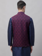 Men Navy Blue and Maroon Woven Design Waistcoats-JOWC-4072