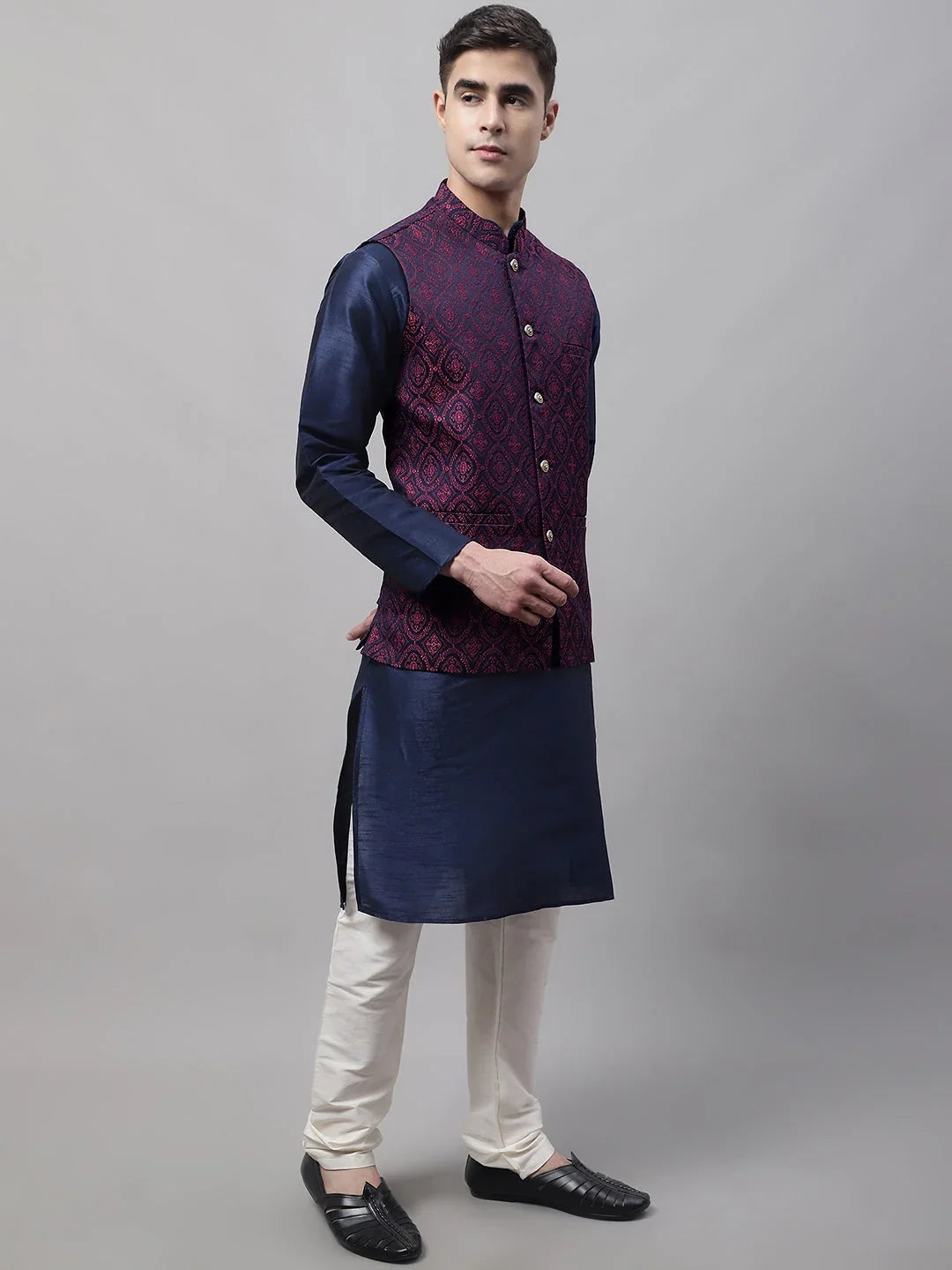 Men Navy Blue and Maroon Woven Design Waistcoats-JOWC-4072