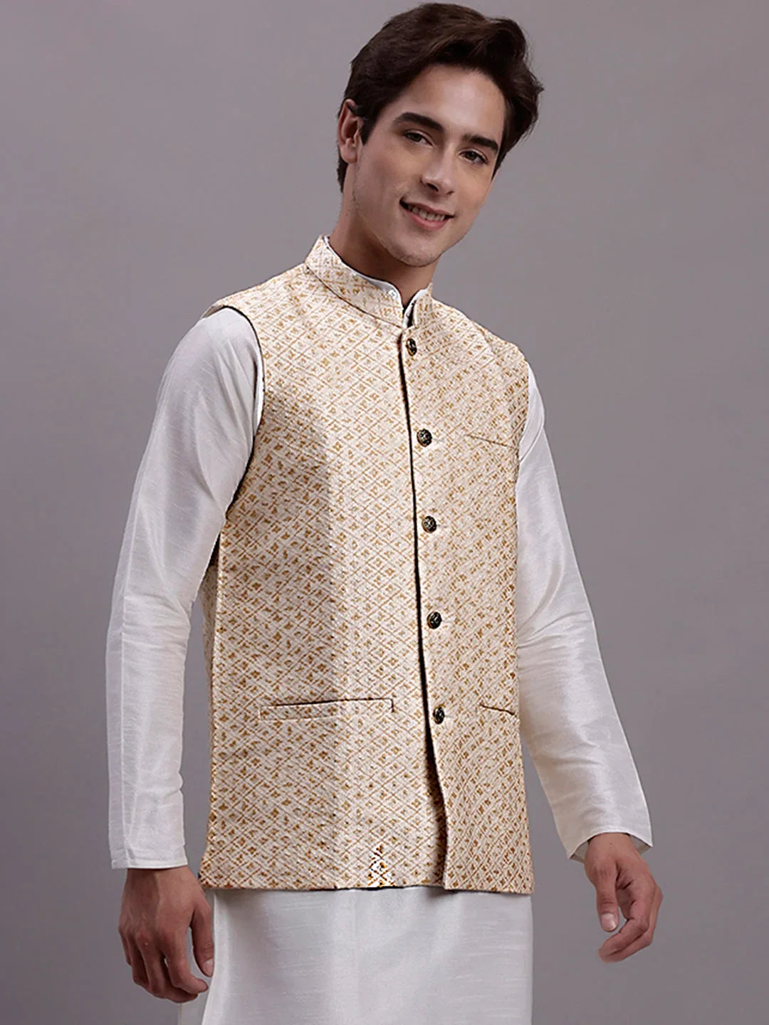 Men's Cream Woven Design Nehru Jacket With Solid Kurta Pyjama -AD