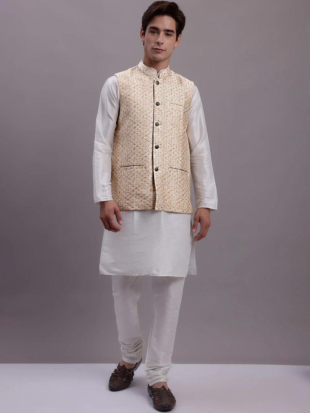 Men's Cream Woven Design Nehru Jacket With Solid Kurta Pyjama -AD
