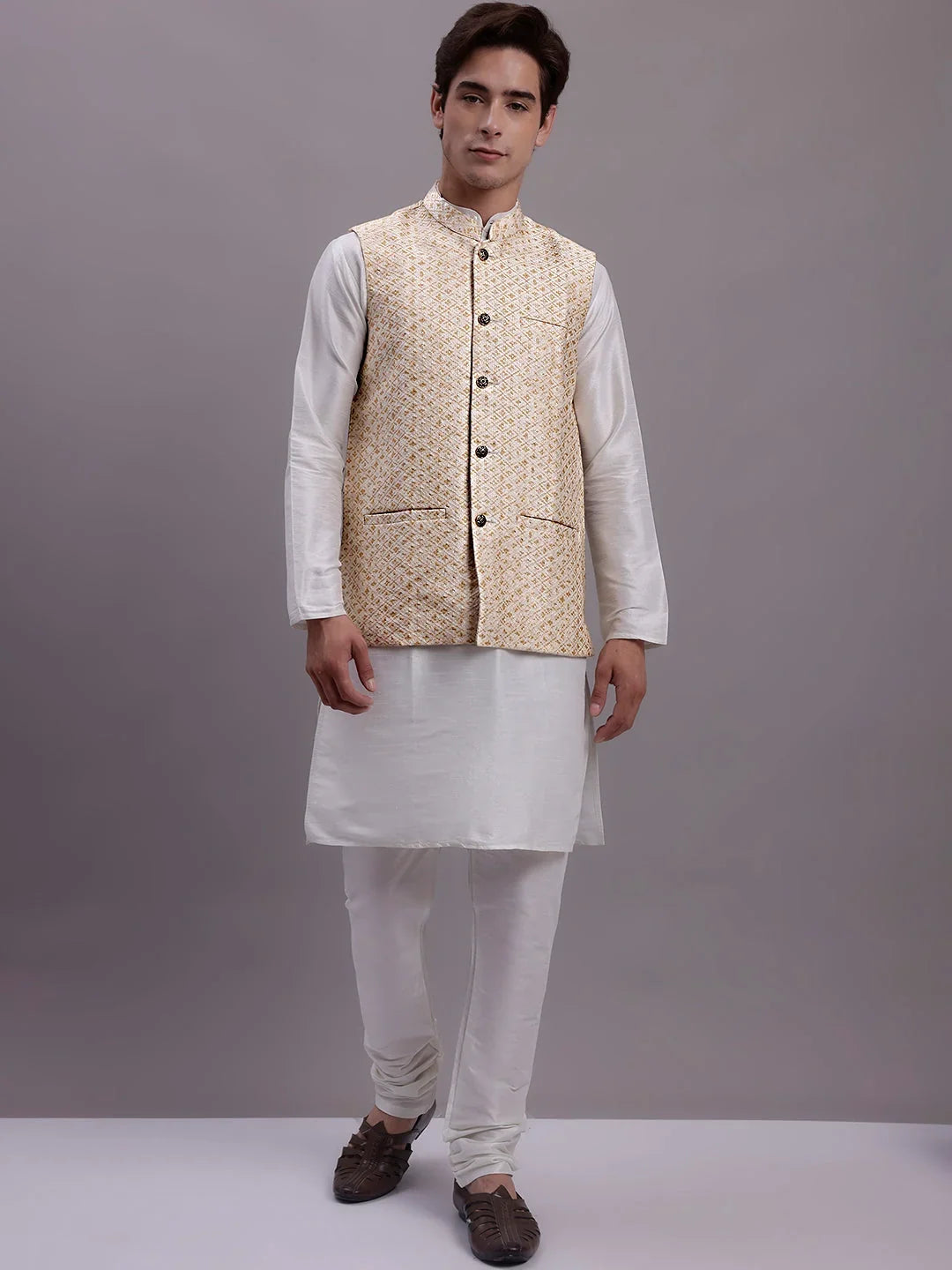 Men's Cream Woven Design Nehru Jacket With Solid Kurta Pyjama -AD