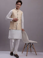 Men's Cream Woven Design Nehru Jacket With Solid Kurta Pyjama -AD