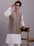 Men's Peach Woven Design Nehru Jacket With Solid Kurta Pyjama-QS