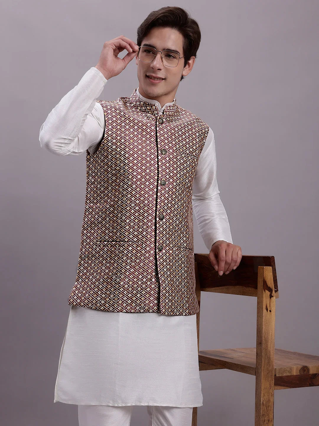 Men's Peach Woven Design Nehru Jacket With Solid Kurta Pyjama-QS