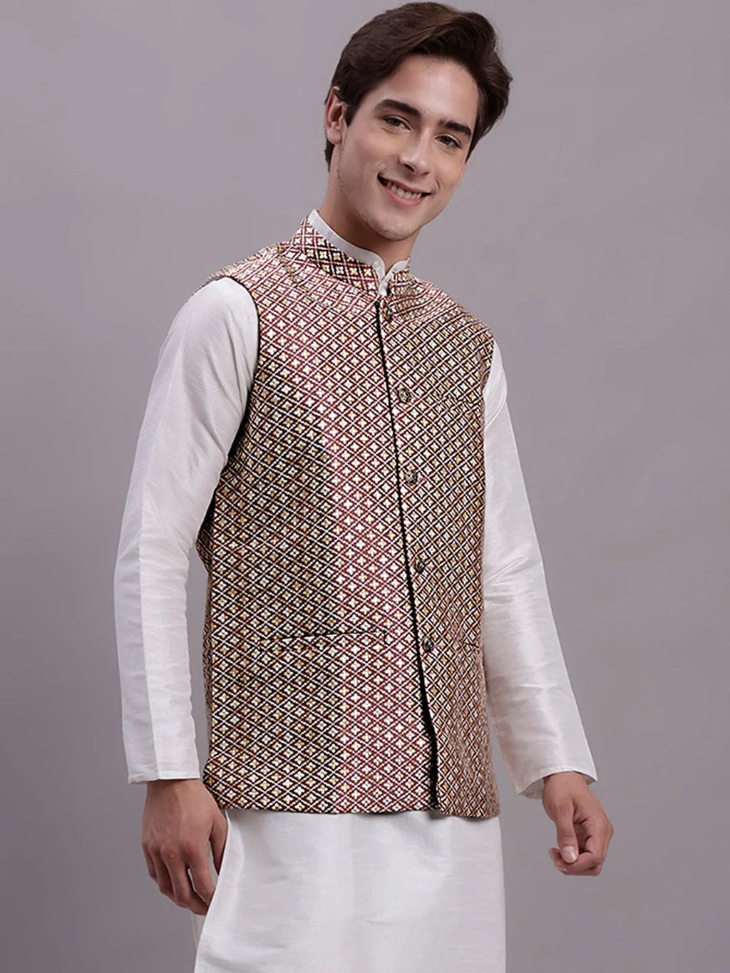 Men's Peach Woven Design Nehru Jacket With Solid Kurta Pyjama-QS