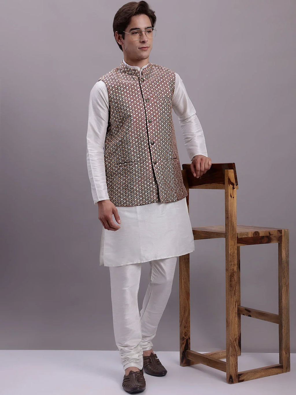 Men's Peach Woven Design Nehru Jacket With Solid Kurta Pyjama-QS
