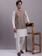 Men's Peach Woven Design Nehru Jacket With Solid Kurta Pyjama-QS