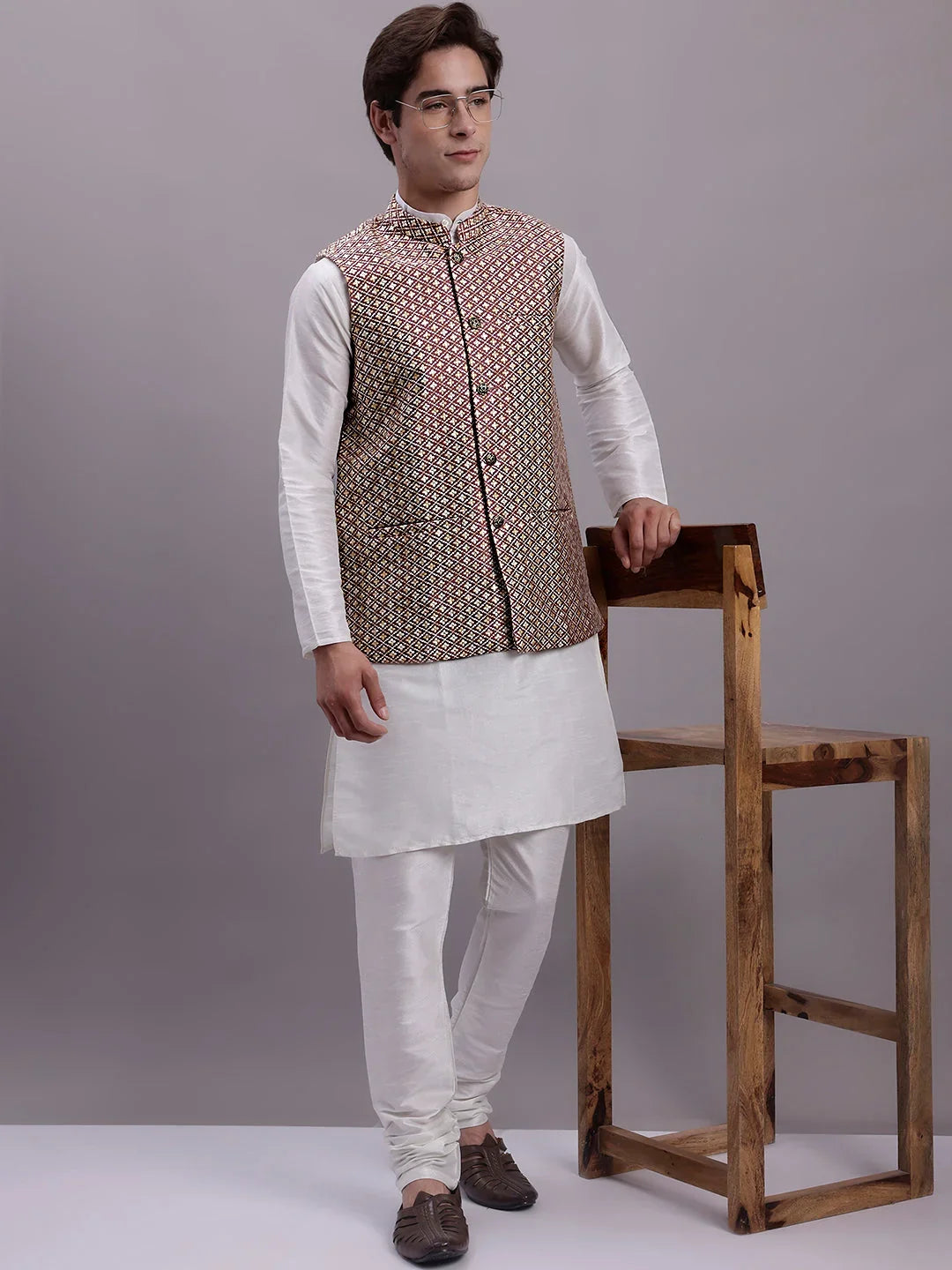 Men's Peach Woven Design Nehru Jacket With Solid Kurta Pyjama-QS