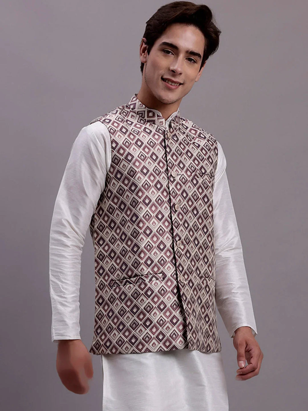 Men's Purple Woven Design Nehru Jacket With Solid Kurta Pyjama-JOWC