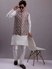 Men's Purple Woven Design Nehru Jacket With Solid Kurta Pyjama-JOWC