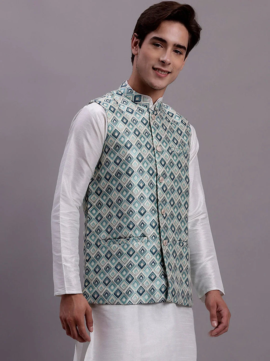 Men's Turquoise Blue Woven Design Nehru Jacket With Solid Kurta Pyjama-JOWC