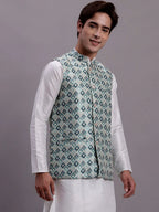 Men's Turquoise Blue Woven Design Nehru Jacket With Solid Kurta Pyjama-JOWC