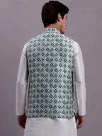 Men's Turquoise Blue Woven Design Nehru Jacket With Solid Kurta Pyjama-JOWC