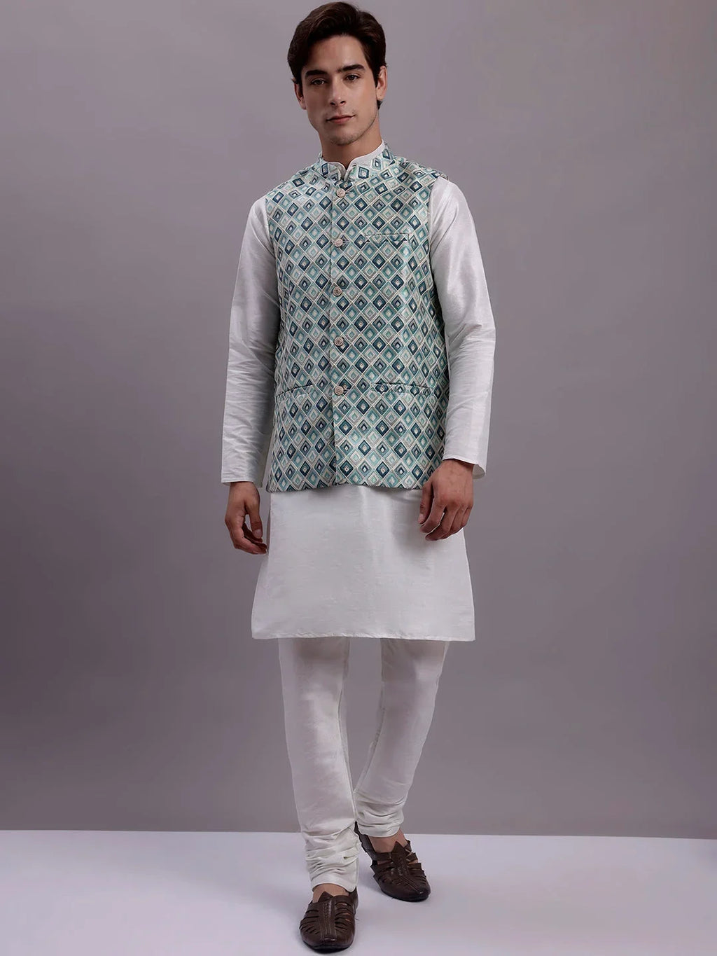 Men's Turquoise Blue Woven Design Nehru Jacket With Solid Kurta Pyjama-JOWC