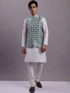 Men's Turquoise Blue Woven Design Nehru Jacket With Solid Kurta Pyjama-JOWC
