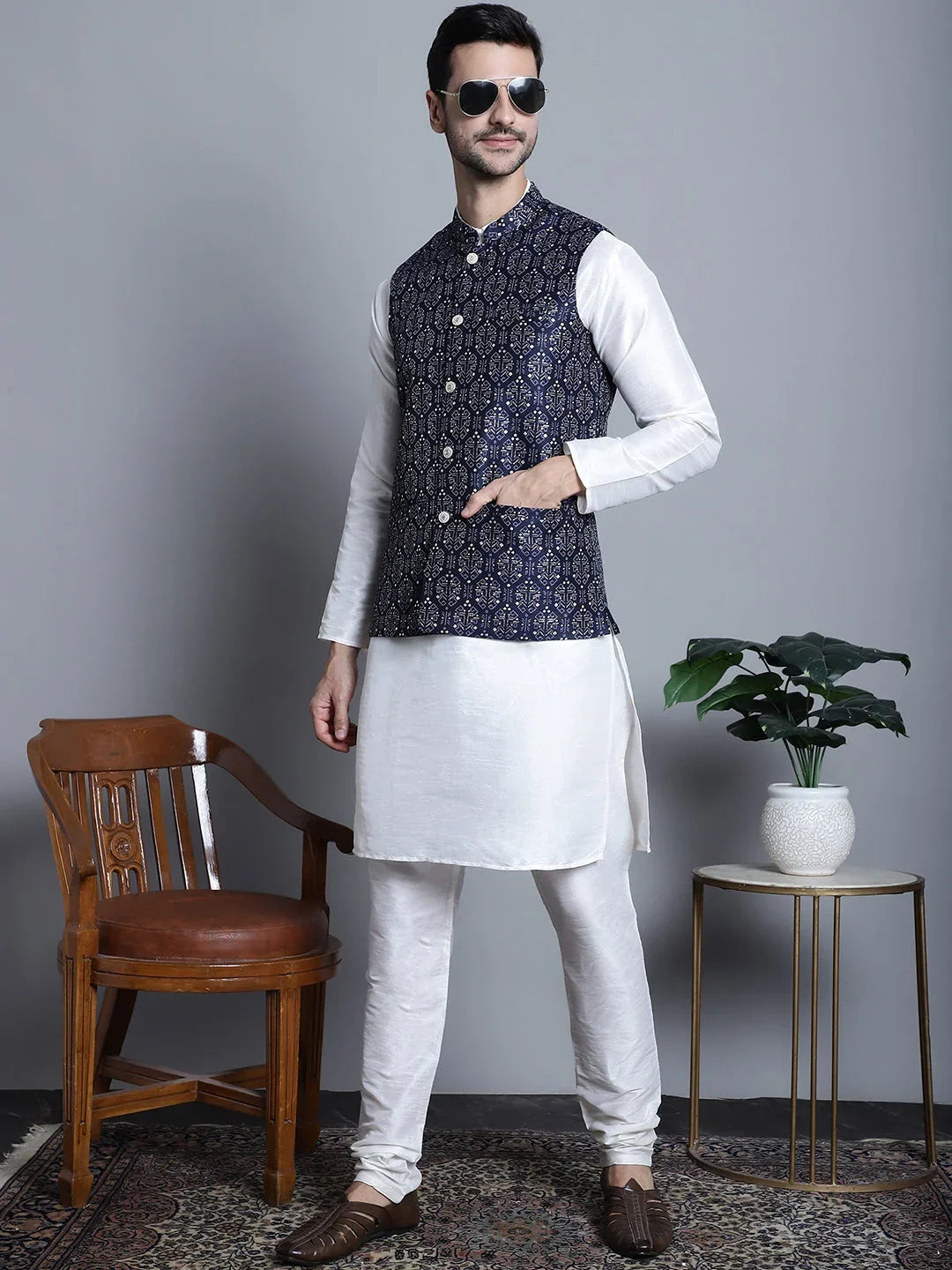 Blue Silk Solid Indian Wear JOWC_4084Navy | DesiQlo