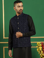 Men's Sequins Velvet Nehru Jacket-JOWC-4099Navy