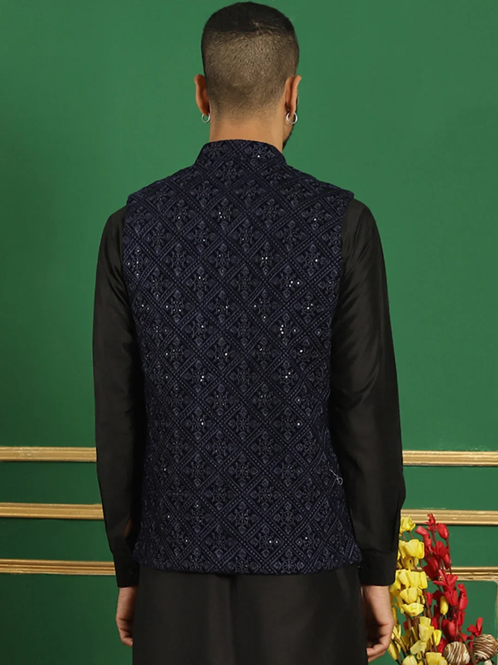 Men's Sequins Velvet Nehru Jacket-JOWC-4099Navy