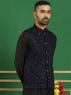 Men's Sequins Velvet Nehru Jacket-JOWC-4099Navy