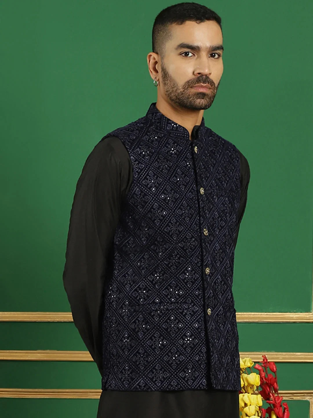 Men's Sequins Velvet Nehru Jacket-JOWC-4099Navy