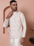 Floral Printed and Embroidered Nehru Jacket for Men-JOWC-4100Off-White