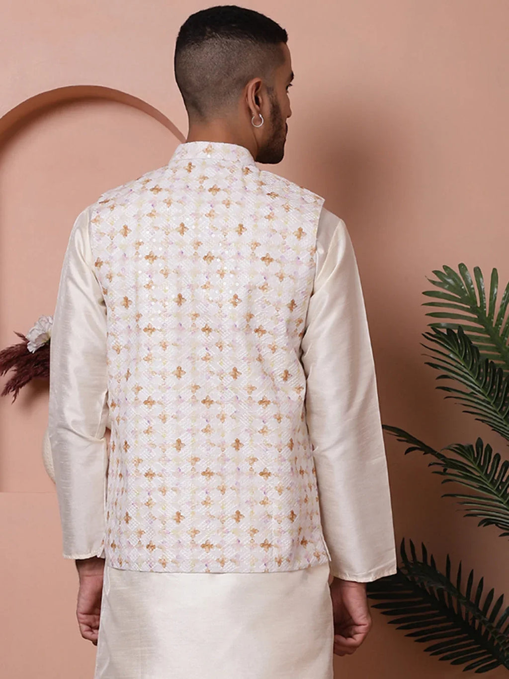 Floral Printed and Embroidered Nehru Jacket for Men-JOWC-4100Off-White
