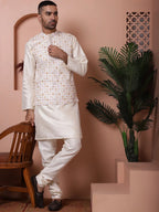 Floral Printed and Embroidered Nehru Jacket for Men-JOWC-4100Off-White