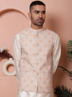 Floral Printed and Embroidered Nehru Jacket for Men-JOWC-4100Orange