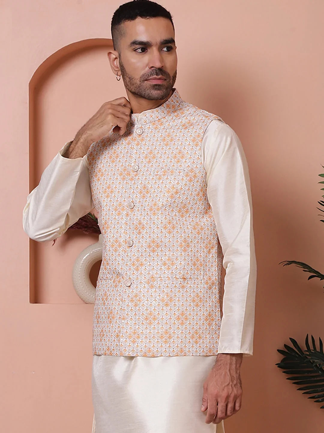 Floral Printed and Embroidered Nehru Jacket for Men-JOWC-4100Orange