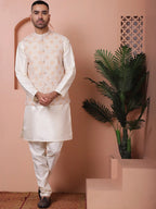 Floral Printed and Embroidered Nehru Jacket for Men-JOWC-4100Orange