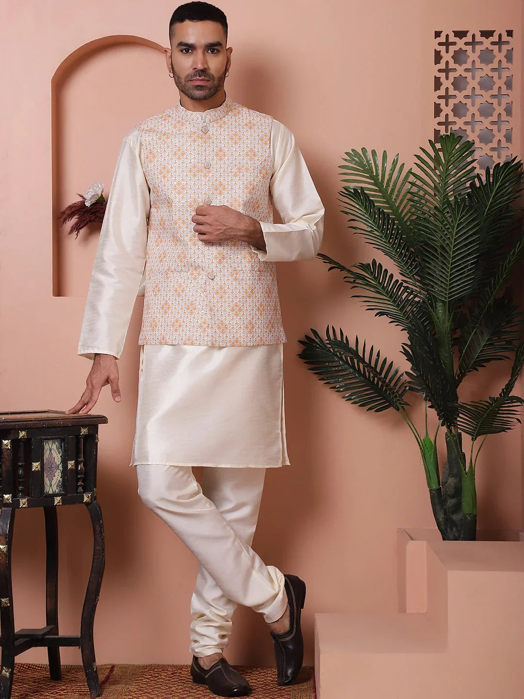 Floral Printed and Embroidered Nehru Jacket for Men-JOWC-4100Orange