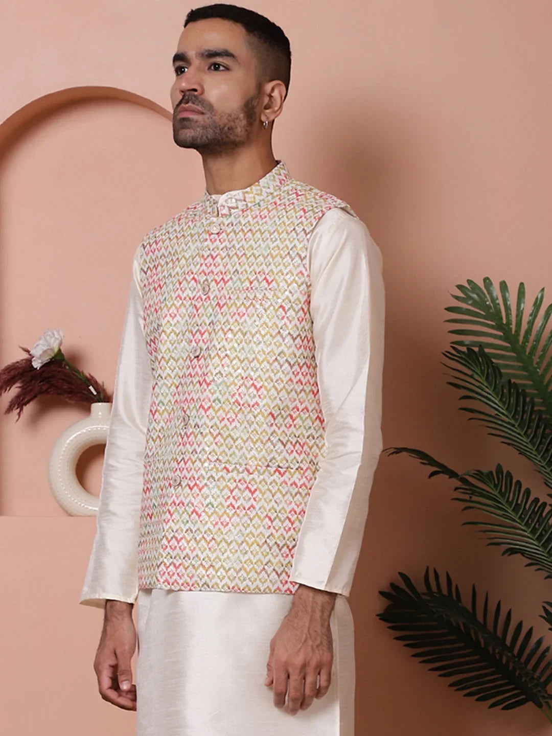 Floral Printed and Embroidered Nehru Jacket for Men-JOWC-4100Yellow