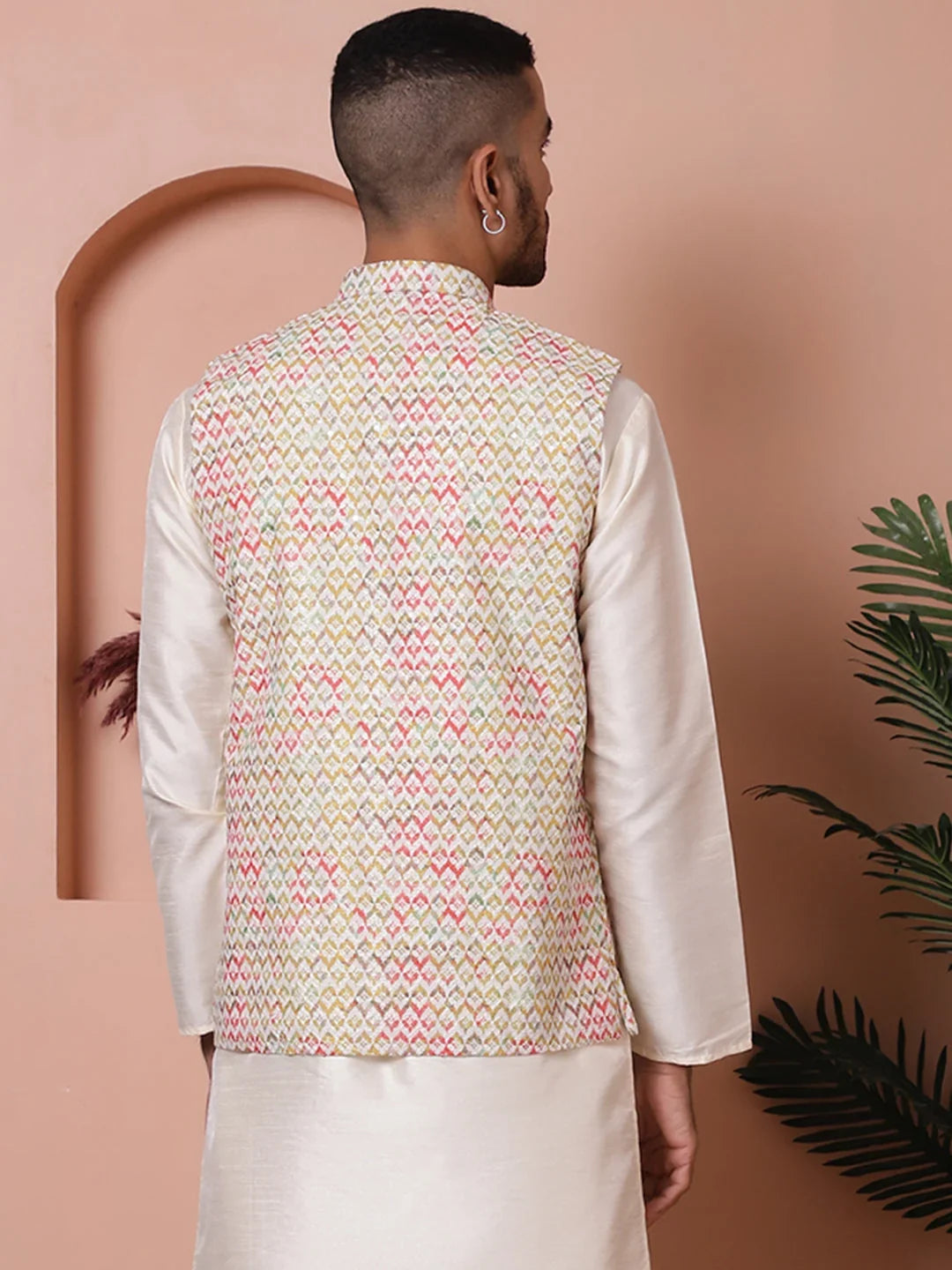 Floral Printed and Embroidered Nehru Jacket for Men-JOWC-4100Yellow