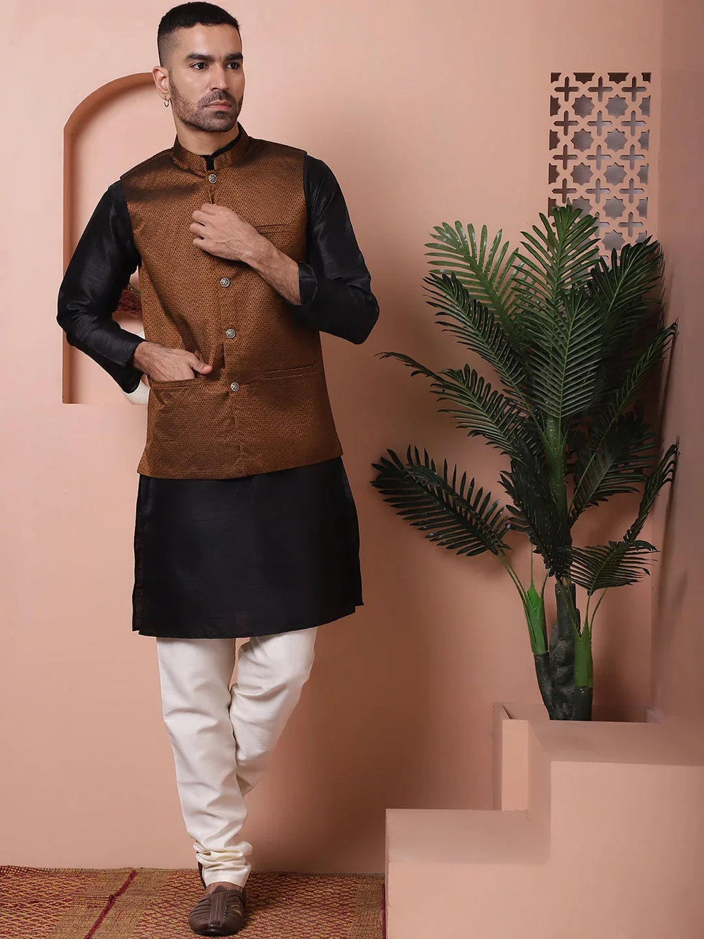 Woven Design Nehru Jacket for Men-JOWC-4101Golden