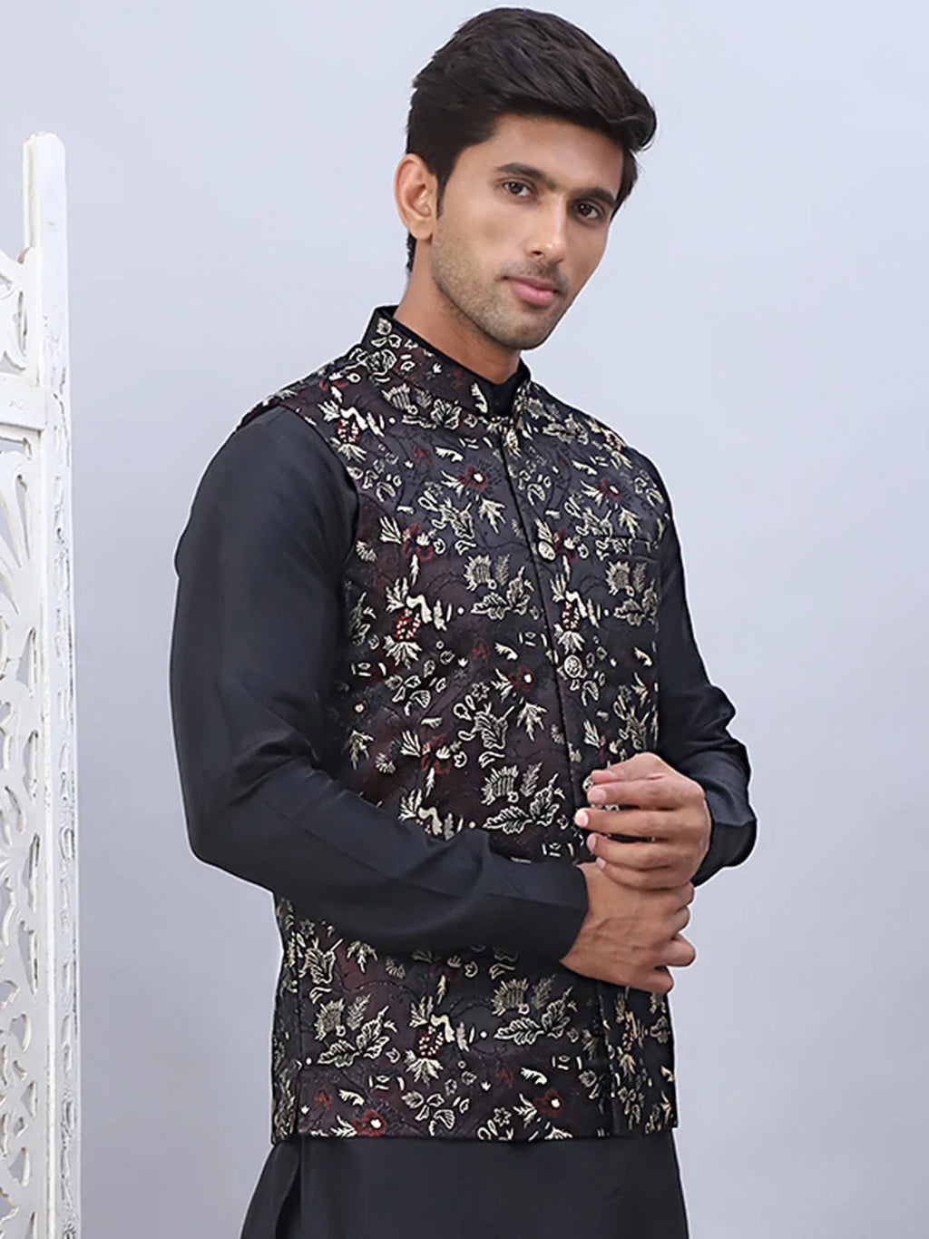 Embossed Silk Blend Nehru Jacket-JOWC-4102Maroon