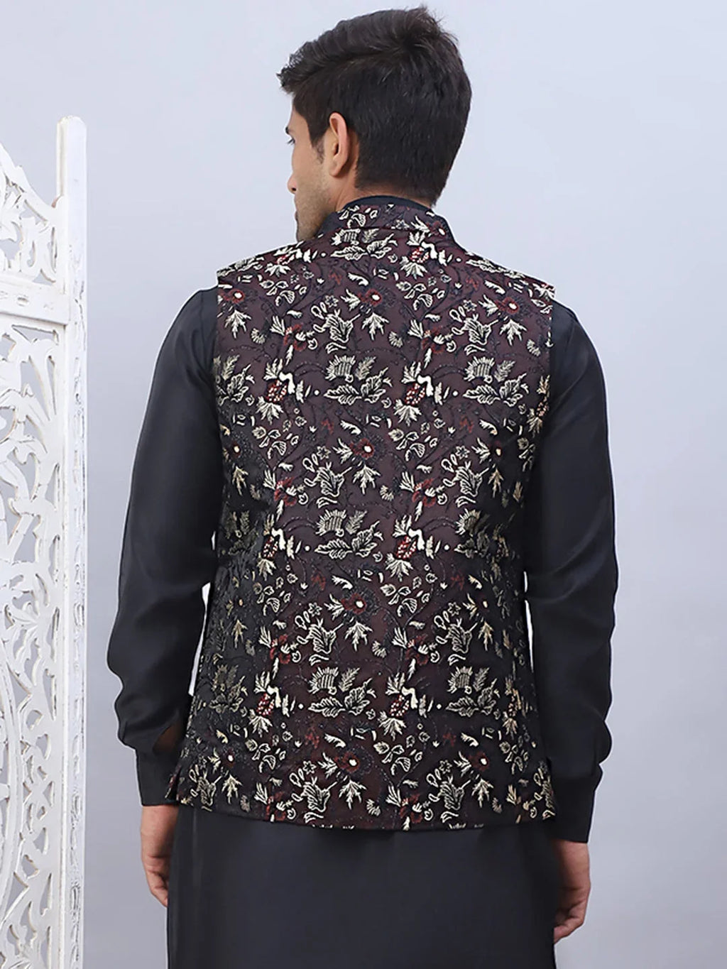 Embossed Silk Blend Nehru Jacket-JOWC-4102Maroon