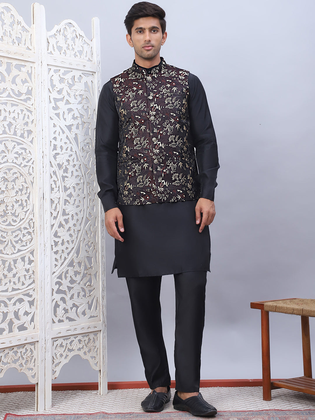 Embossed Silk Blend Nehru Jacket-JOWC-4102Maroon