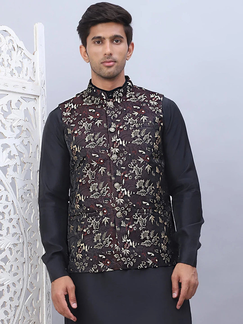 Embossed Silk Blend Nehru Jacket-JOWC-4102Maroon