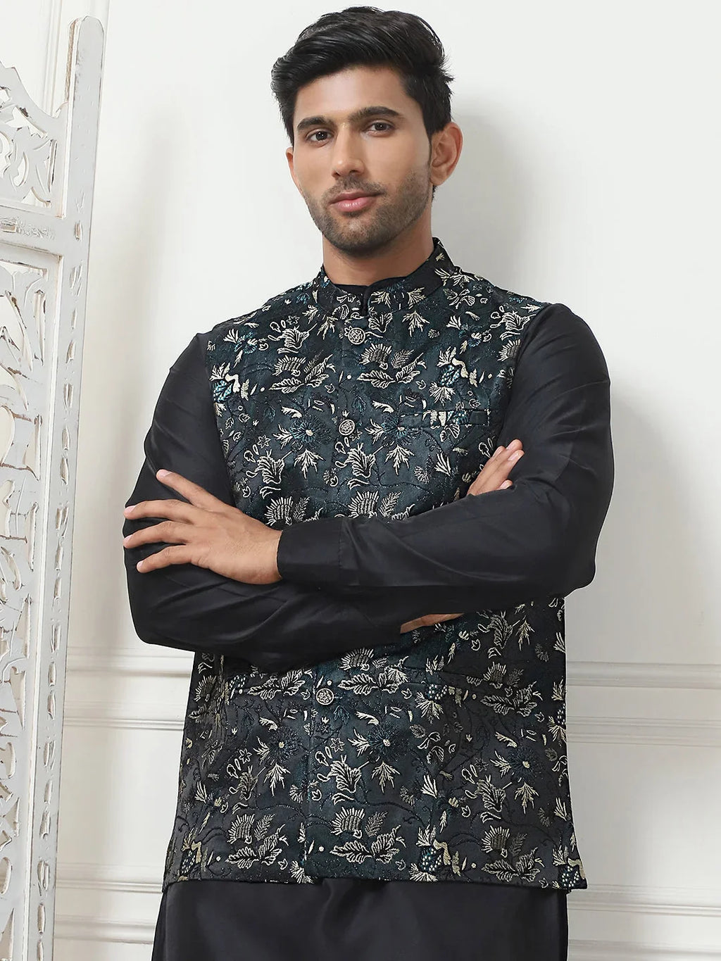 Embossed Silk Blend Nehru Jacket-JOWC-4102Teal