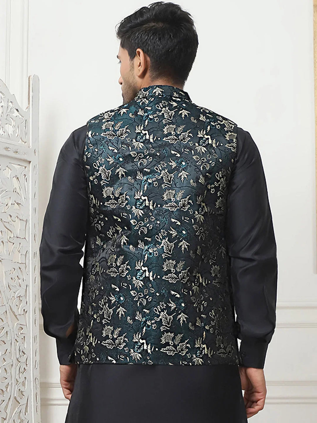 Embossed Silk Blend Nehru Jacket-JOWC-4102Teal