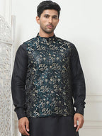 Embossed Silk Blend Nehru Jacket-JOWC-4102Teal