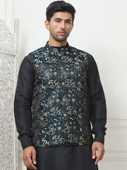 Embossed Silk Blend Nehru Jacket-JOWC-4102Teal