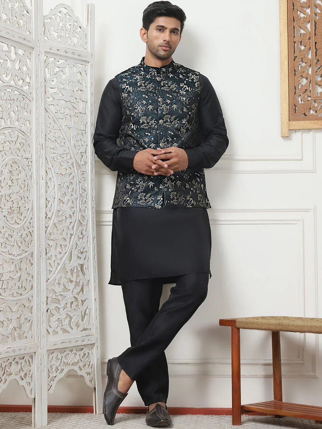 Embossed Silk Blend Nehru Jacket-JOWC-4102Teal