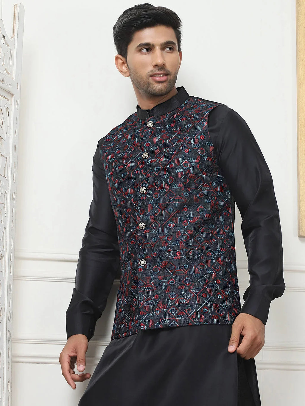Embroidered Silk Blend Nehru Jacket-JOWC-4103Navy
