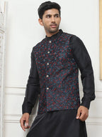 Embroidered Silk Blend Nehru Jacket-JOWC-4103Navy