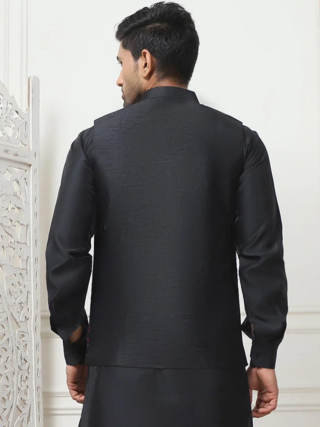 Embroidered Silk Blend Nehru Jacket-JOWC-4103Navy